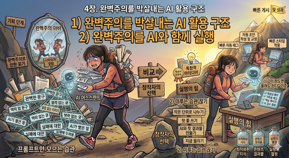 4장. 완벽주의를 박살내는 AI 활용 구조1) “이 정도면 올려도 된다” 기준 만들기2) 미루는 습관을 끊는 방식